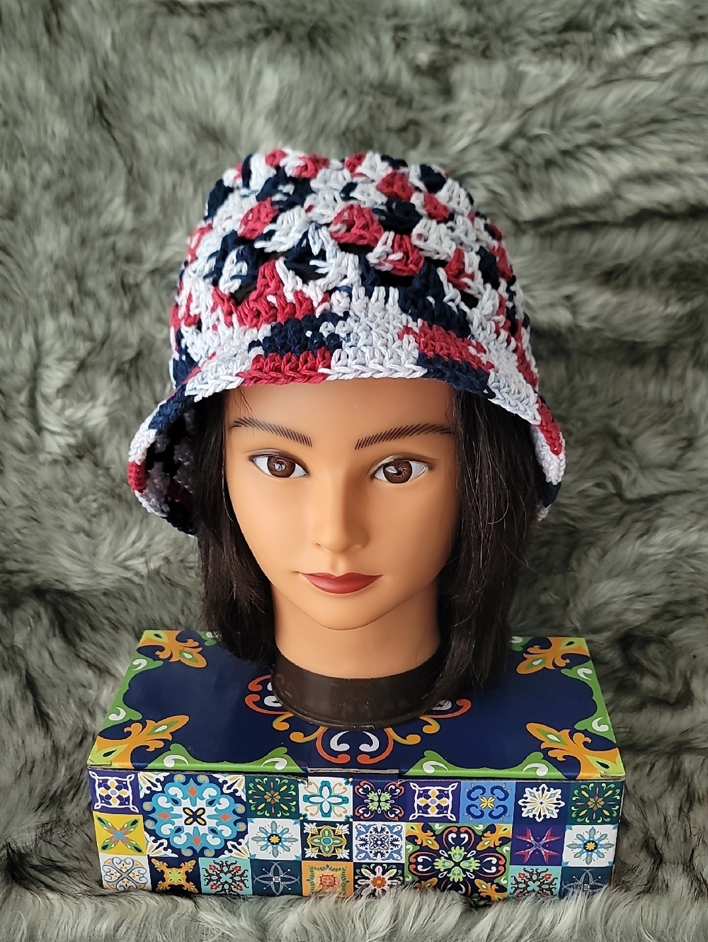 Crochet Bucket Hat in Red, White & Navy